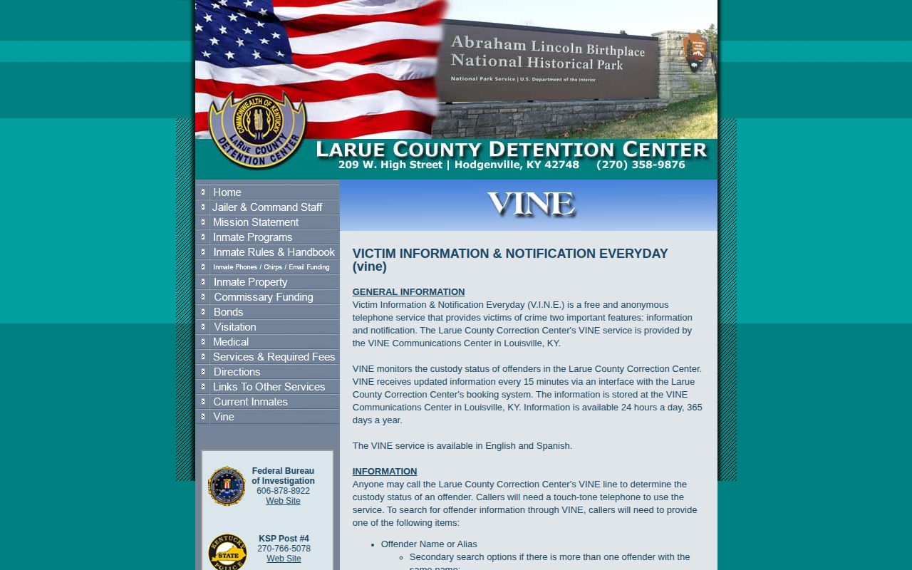 LaRue County Detention Center VINE information and registration page