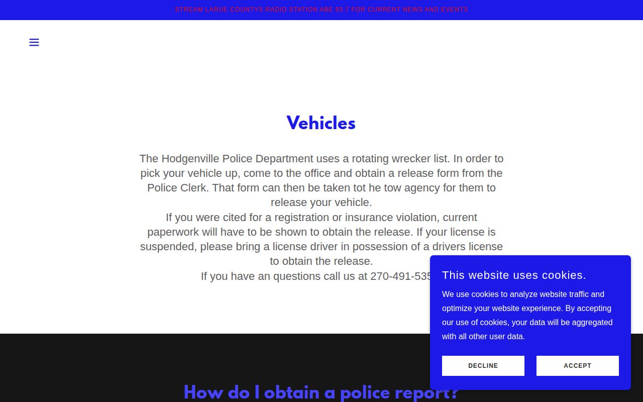 Hodgenville Police reports and property return instructions